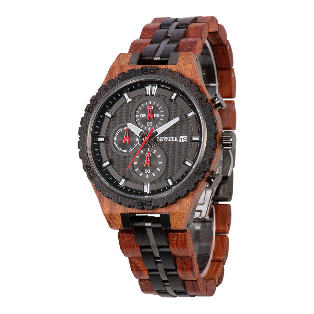 BEWELL - Multifunctional men's steel wood watch