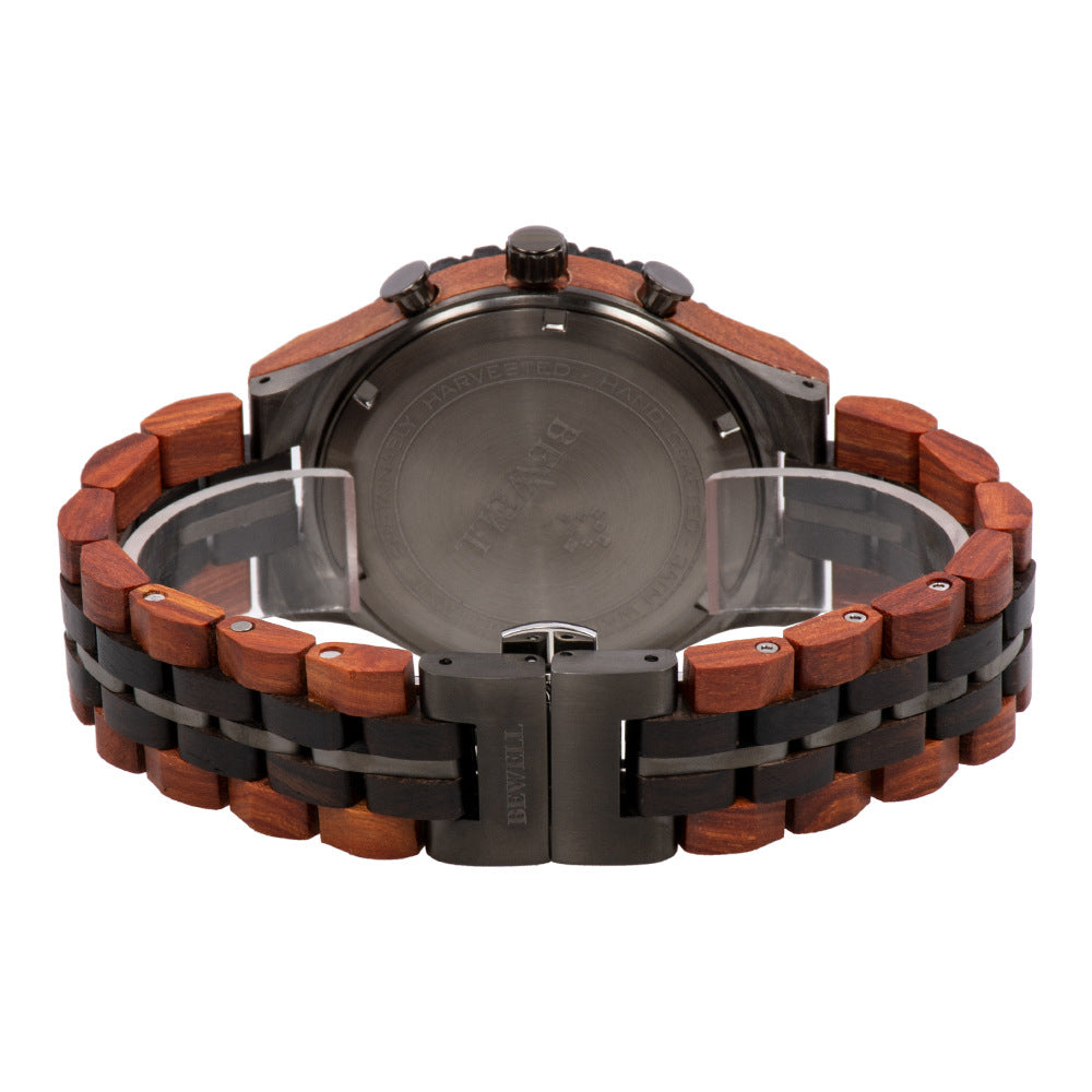 BEWELL - Multifunctional men's steel wood watch