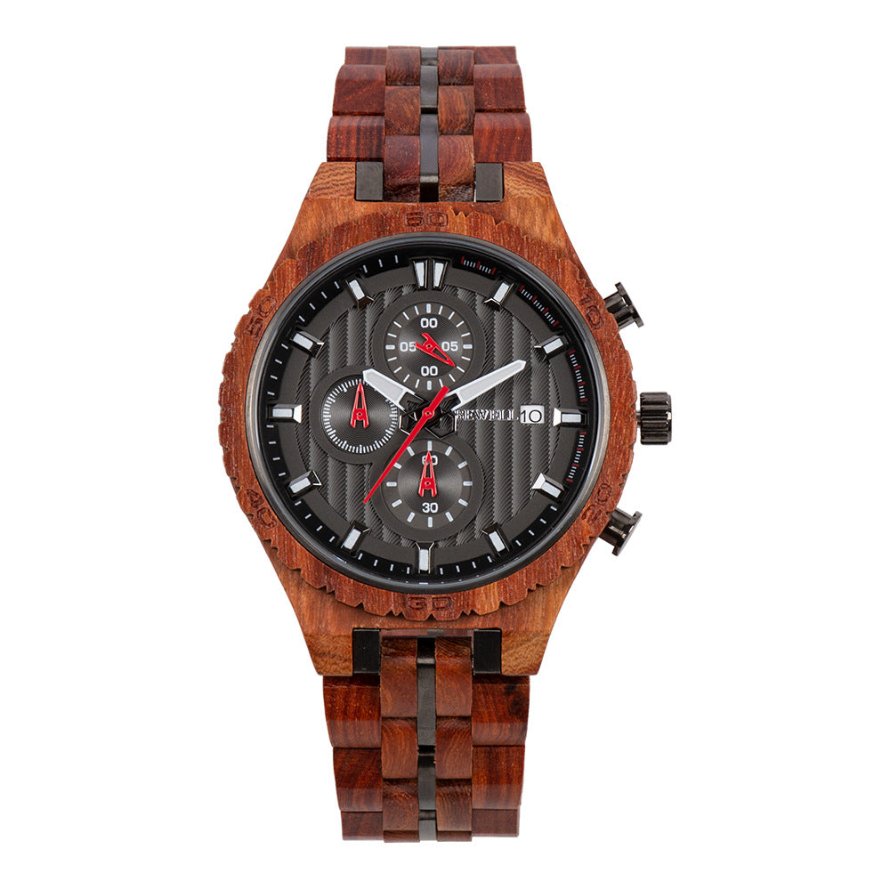 BEWELL - Multifunctional men's steel wood watch