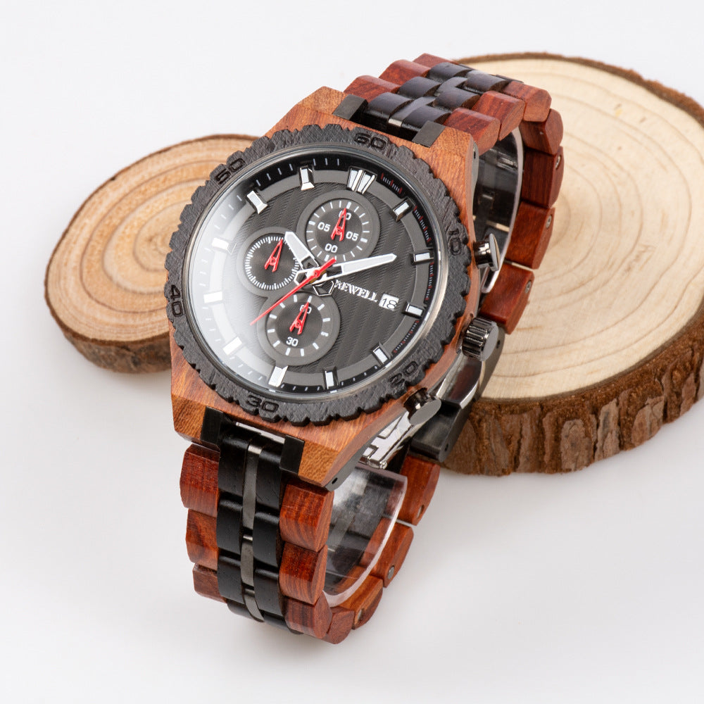 BEWELL - Multifunctional men's steel wood watch