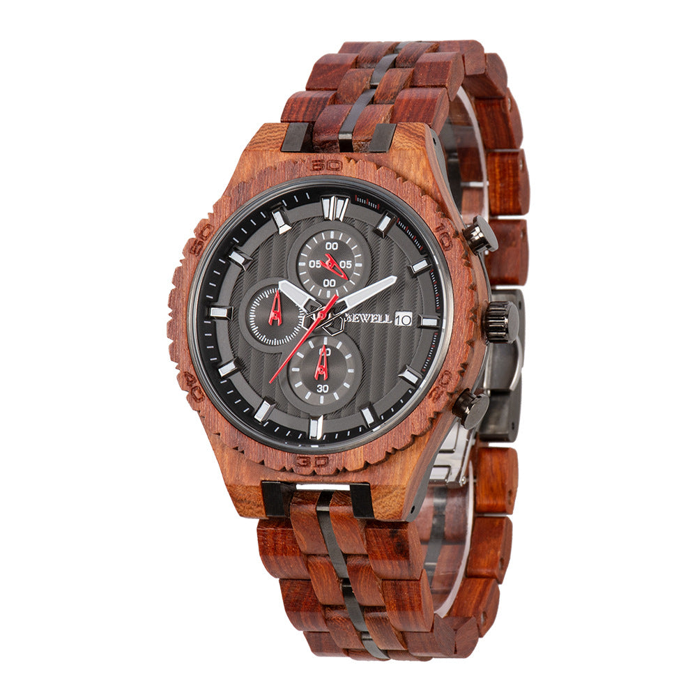 BEWELL - Multifunctional men's steel wood watch