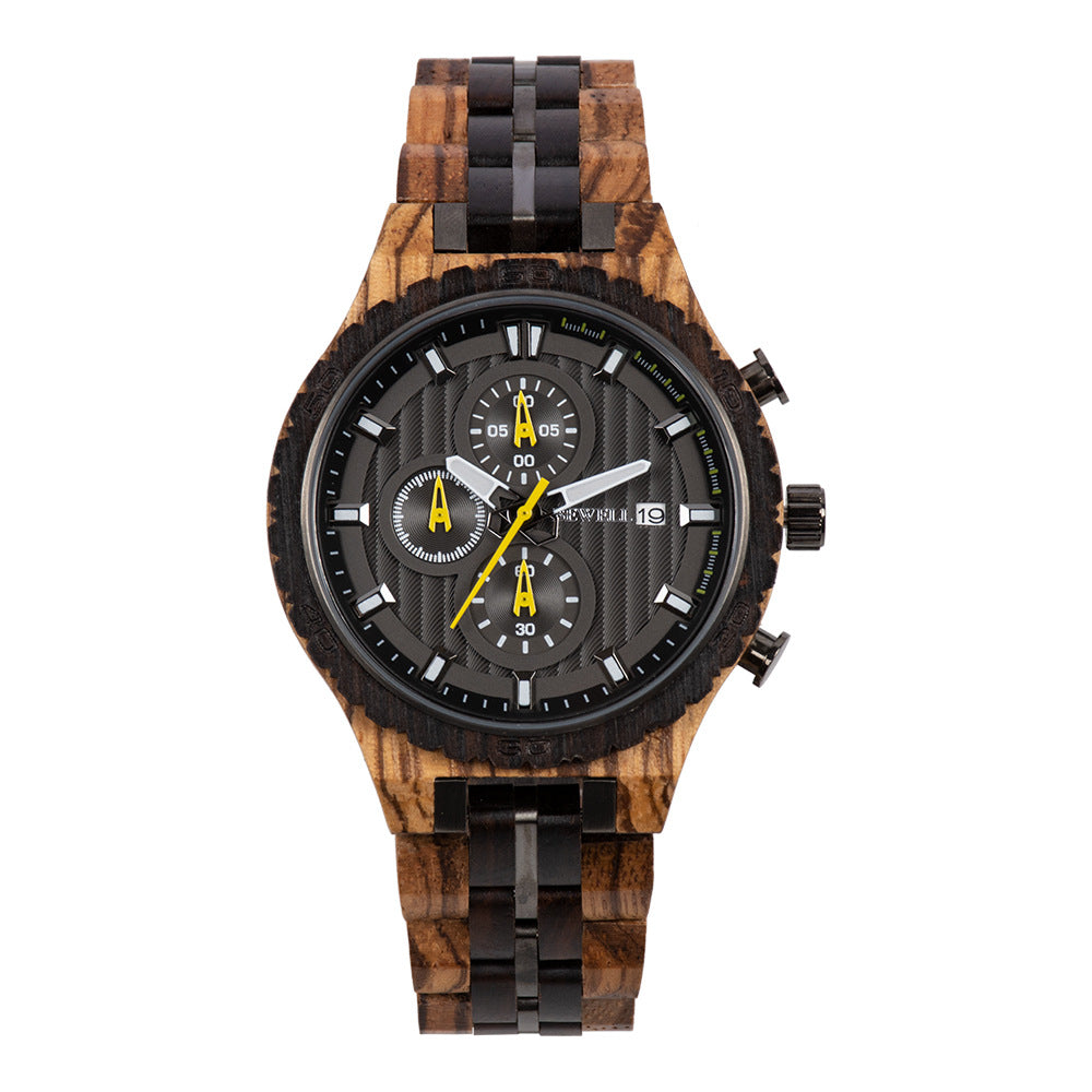 BEWELL - Multifunctional men's steel wood watch