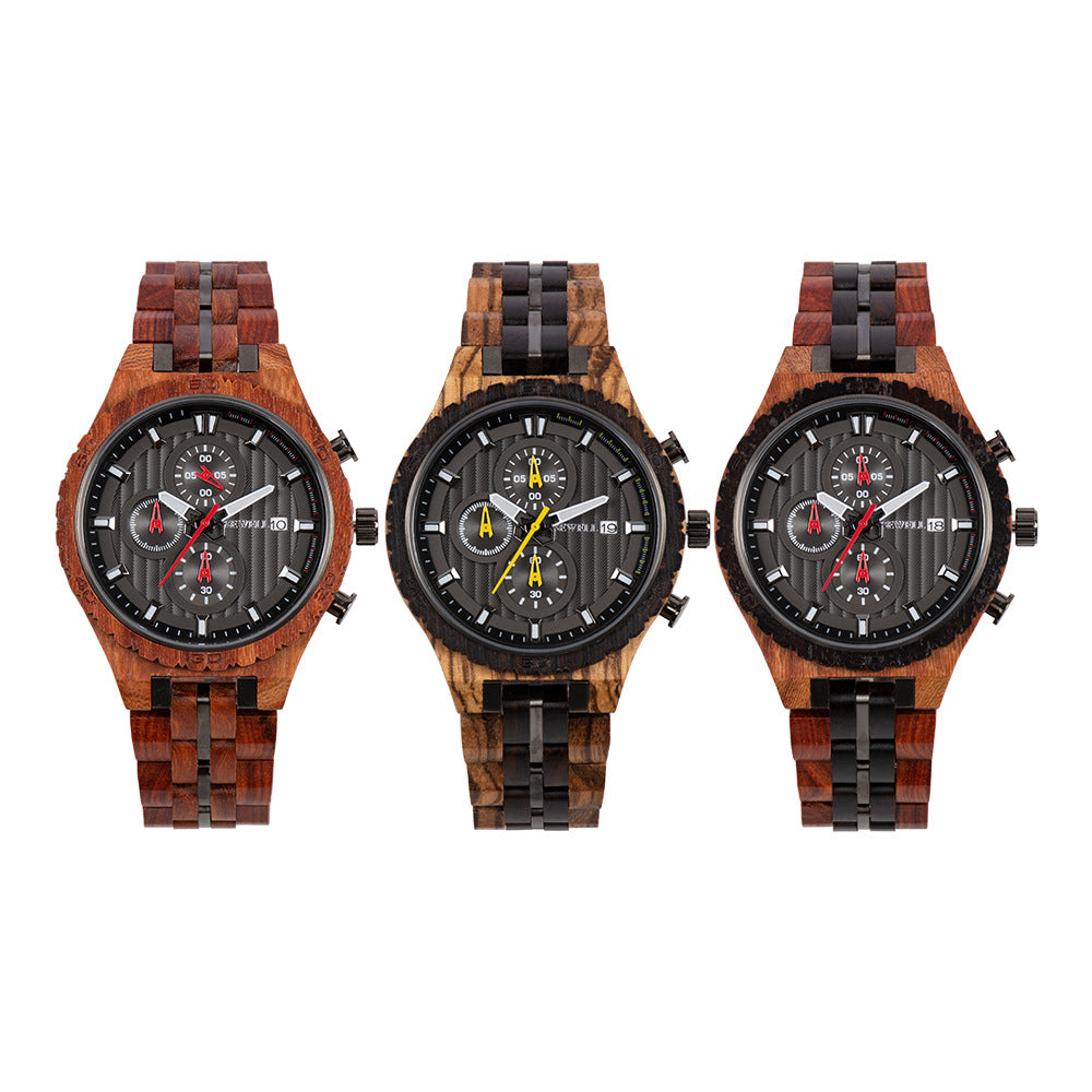 BEWELL - Multifunctional men's steel wood watch