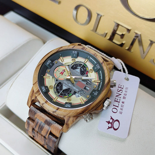 OLENSE - Men's Wood Watch Quartz Multifunctional Luminous