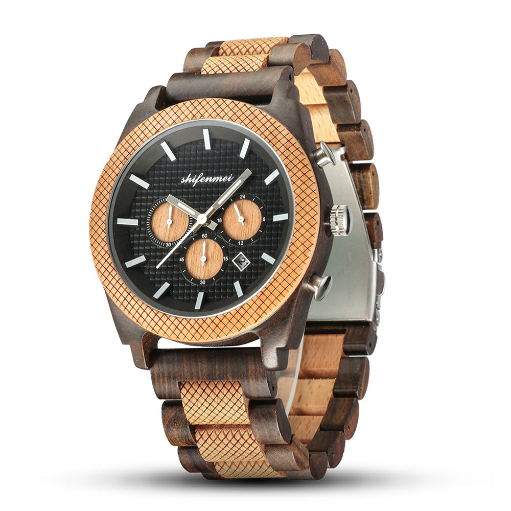 SHIFEMMEI - Men's Wood Chronograph Calendar Sports Watch