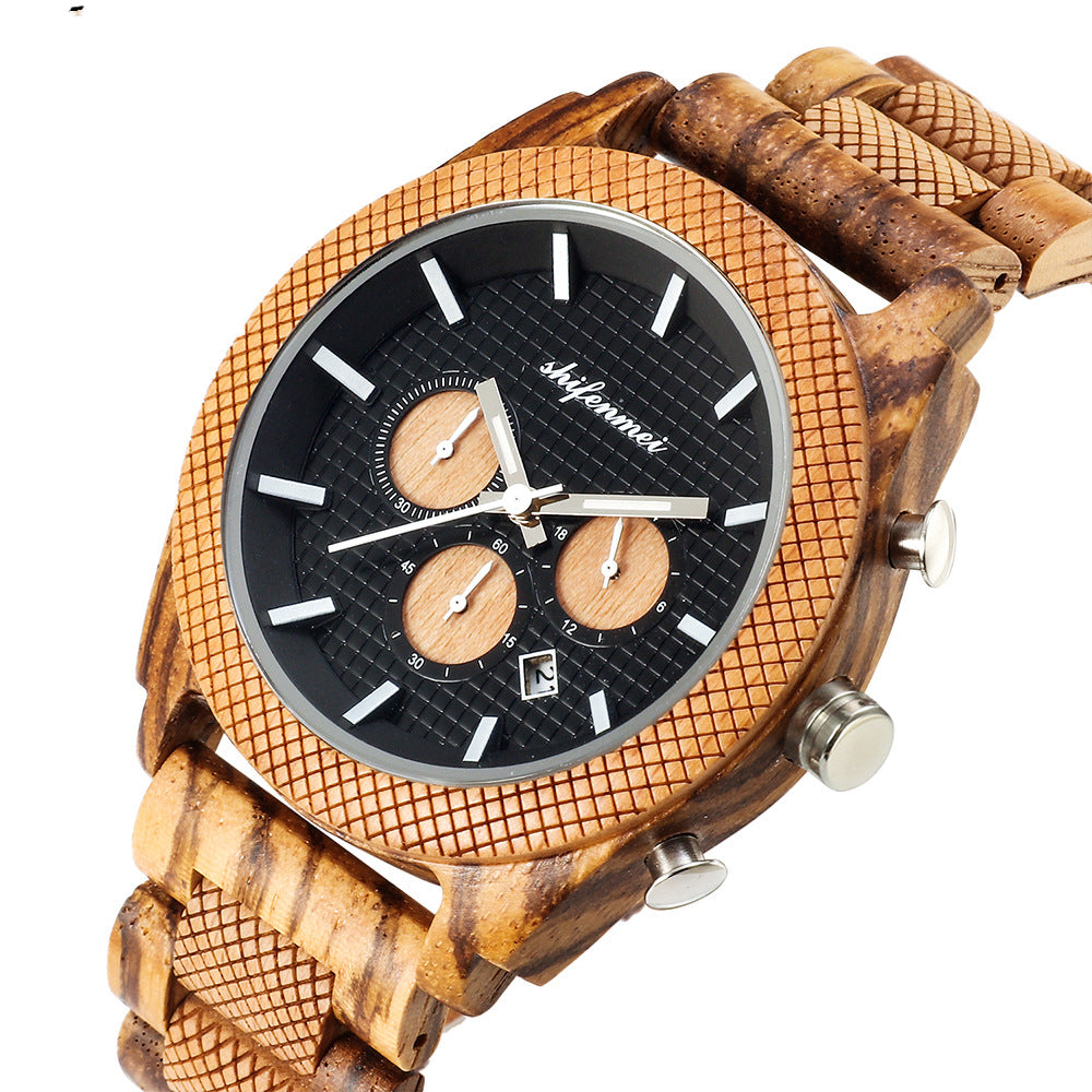 SHIFEMMEI - Men's Wood Chronograph Calendar Sports Watch