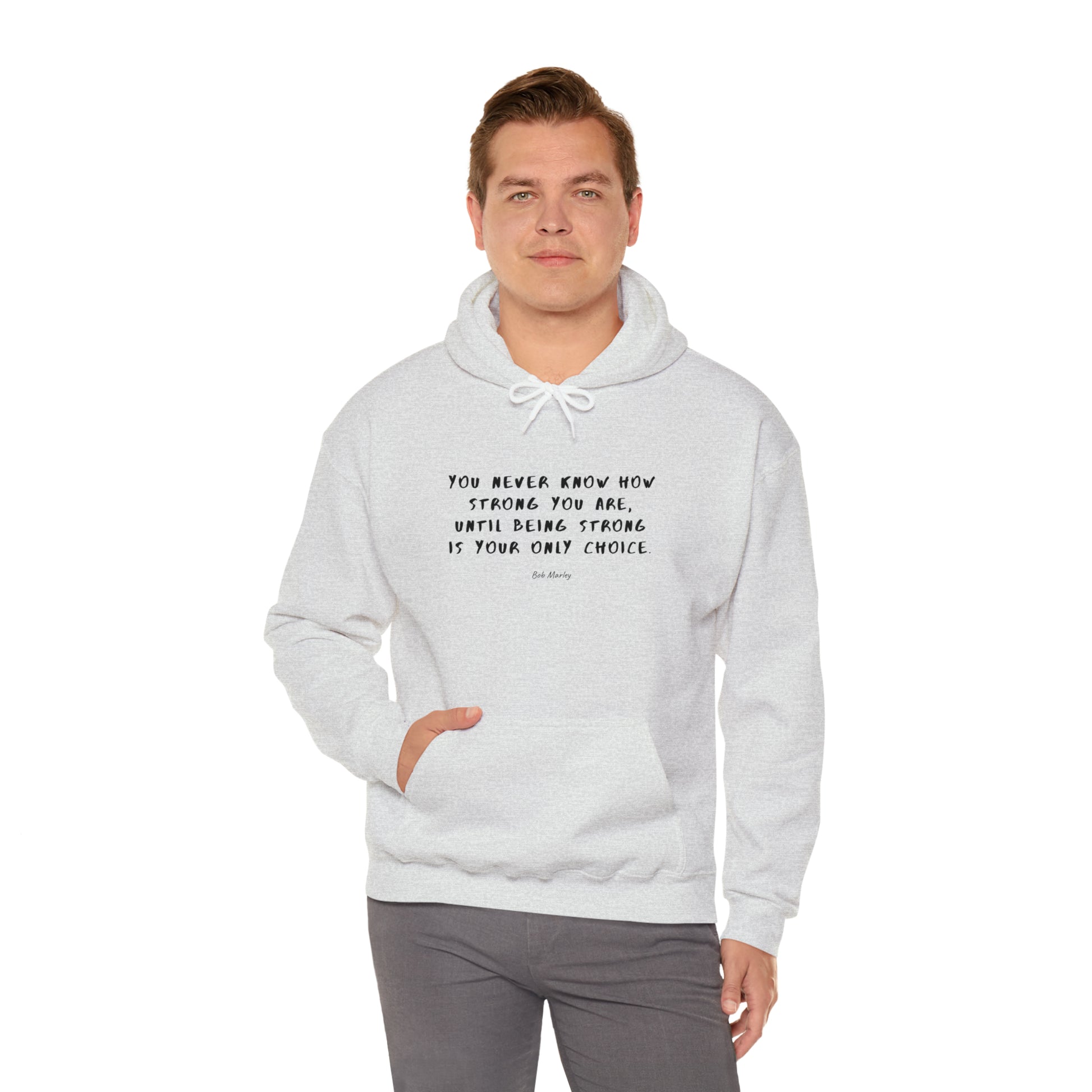 Man-Wearing-Protagonist-HoodieWithQuote-AshGrey-FrontView-BeingStrongIsYourOnlyChoice