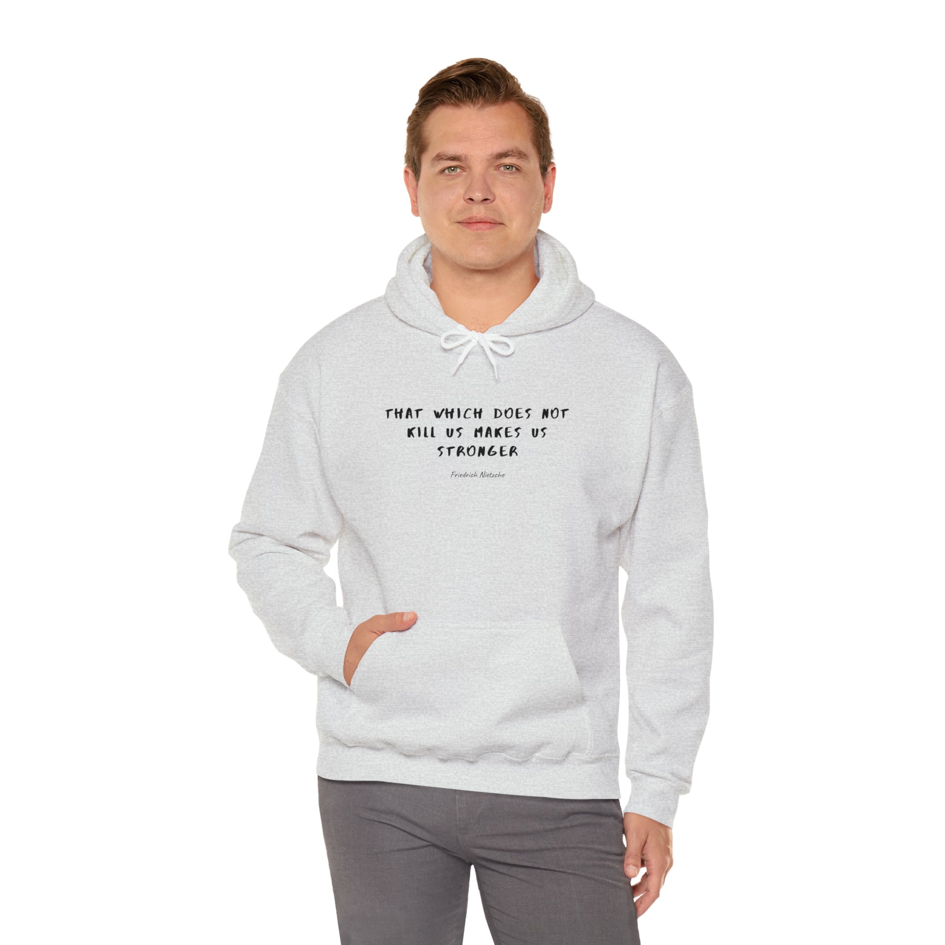 Man-Wearing-Protagonist-HoodieWithQuote-AshGrey-FrontView-MaskesUsStronger