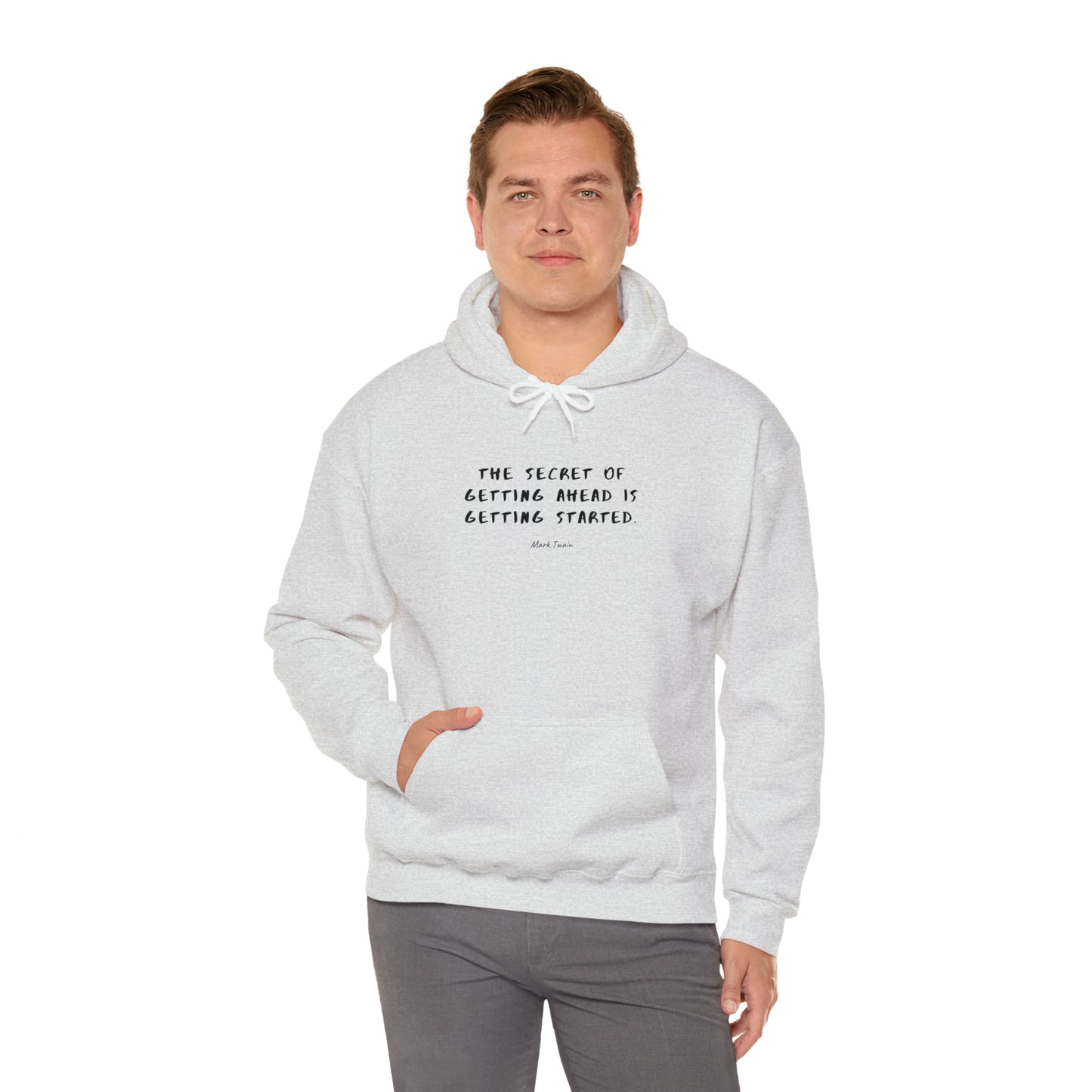 Man-Wearing-Protagonist-HoodieWithQuote-AshGrey-FrontView-TheSecretOfGettingAhead