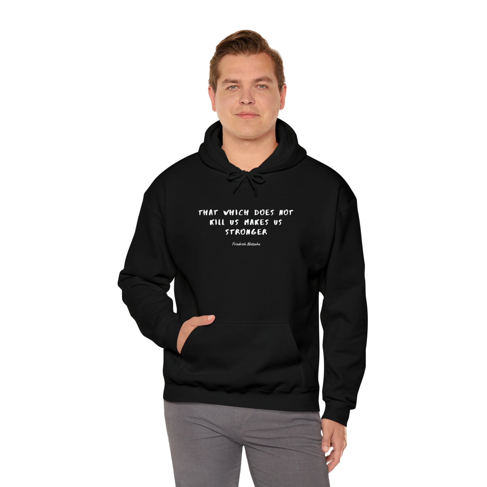 Man-Wearing-Protagonist-HoodieWithQuote-Black-FrontView-MaskesUsStronger