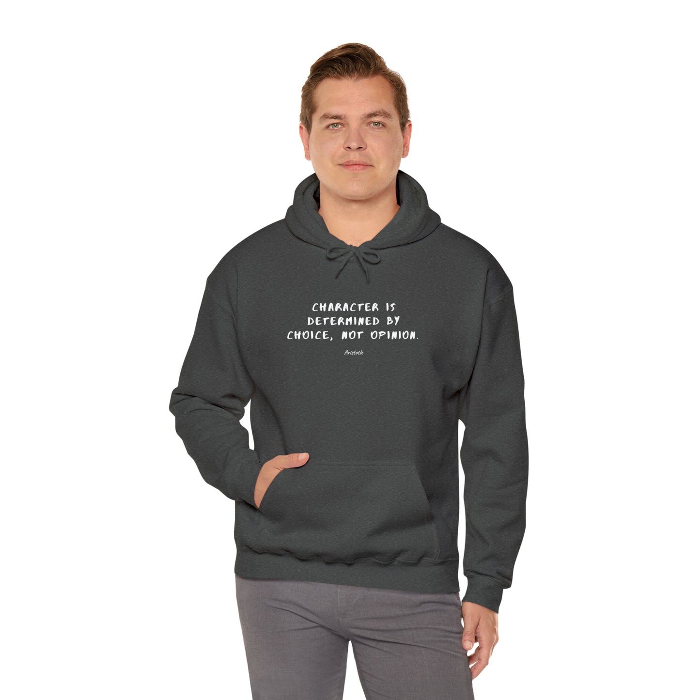 Man-Wearing-Protagonist-HoodieWithQuote-DarkHeatherGrey-FrontView-CharacterIsDetermined