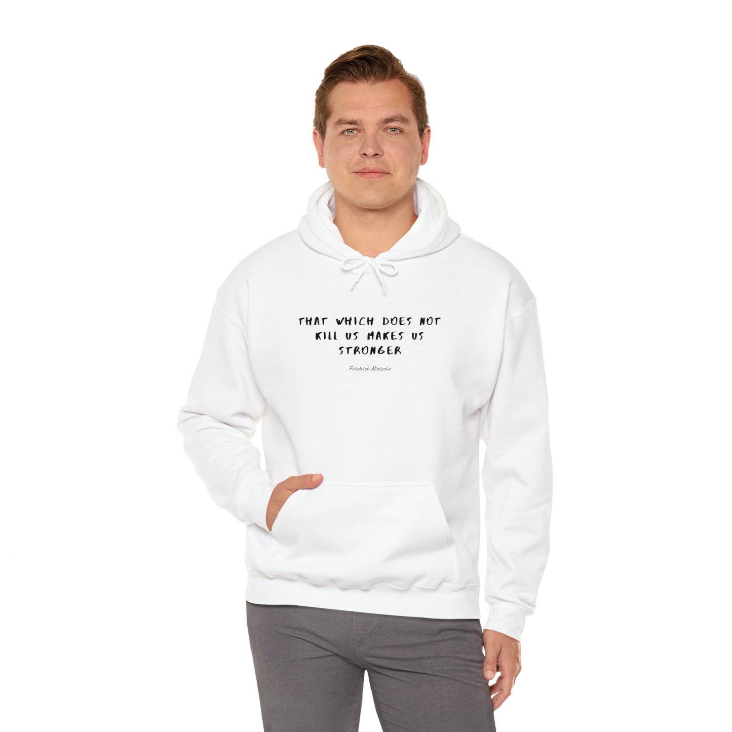 Man-Wearing-Protagonist-HoodieWithQuote-White-FrontView-MaskesUsStronger