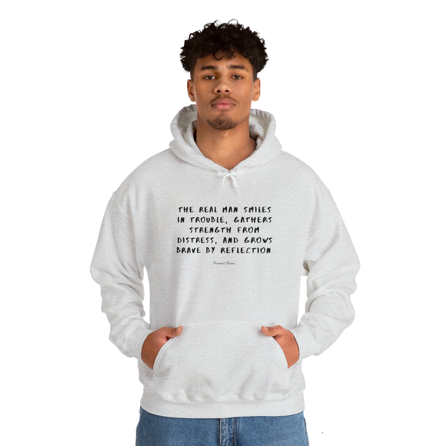 Man2-Wearing-Protagonist-HoodieWithQuote-AshGrey-FrontView-StrengthFromDistress