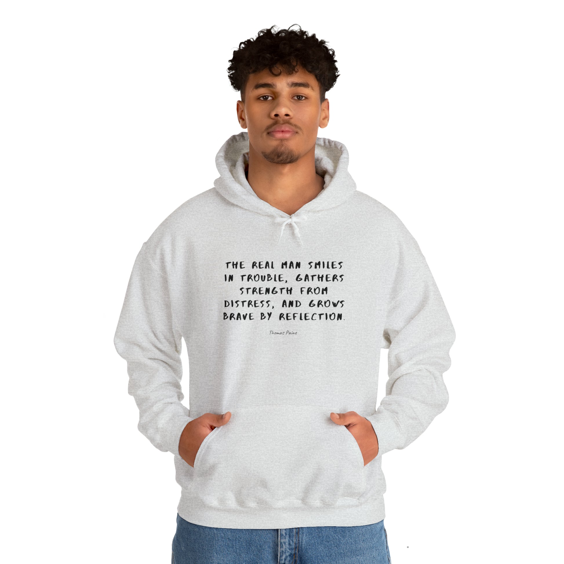 Man2-Wearing-Protagonist-HoodieWithQuote-AshGrey-FrontView-StrengthFromDistress