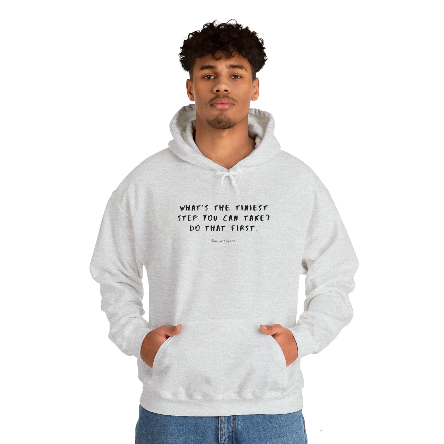 Man2-Wearing-Protagonist-HoodieWithQuote-AshGrey-FrontView-TakeTheTiniestStep