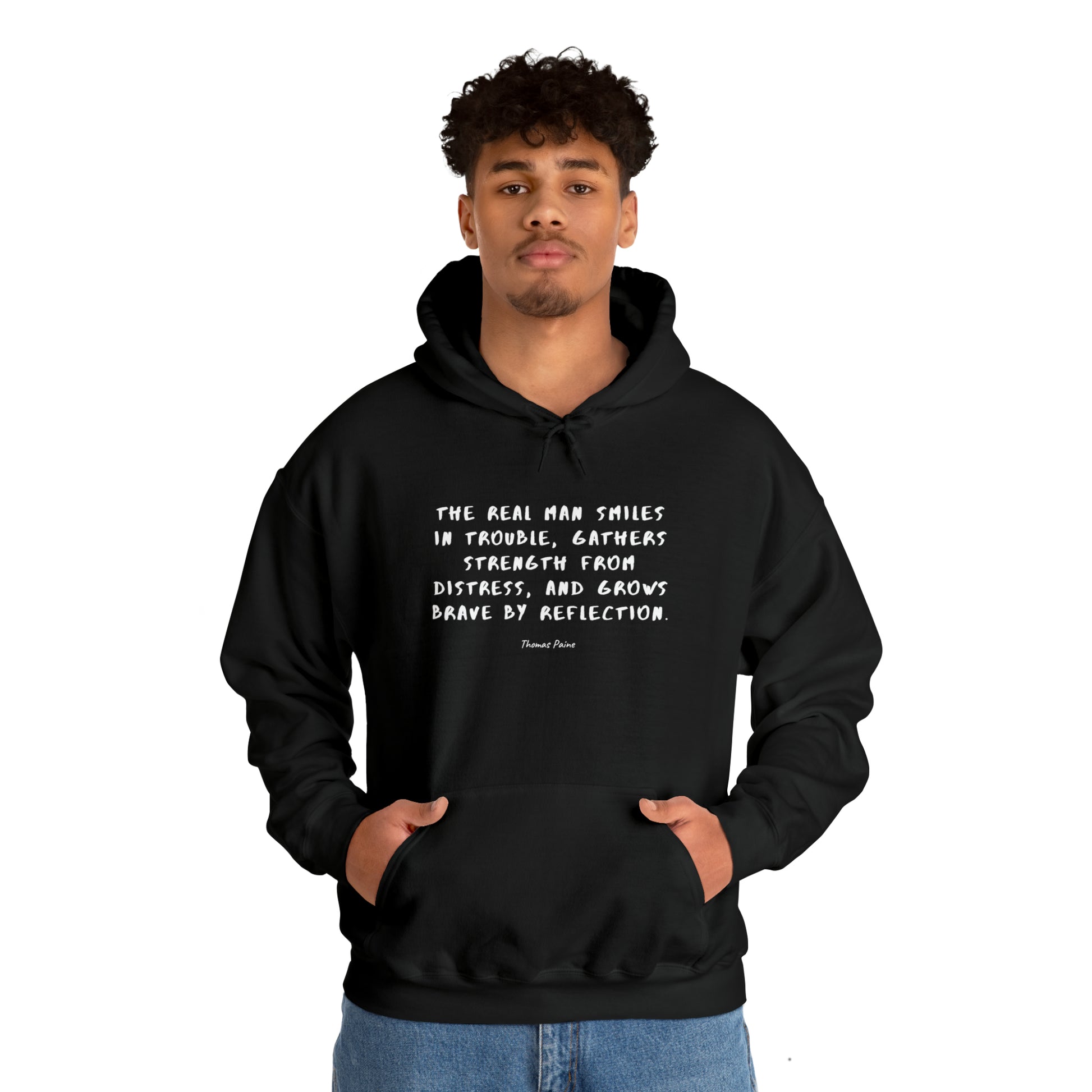 Man2-Wearing-Protagonist-HoodieWithQuote-Black-FrontView-StrengthFromDistress