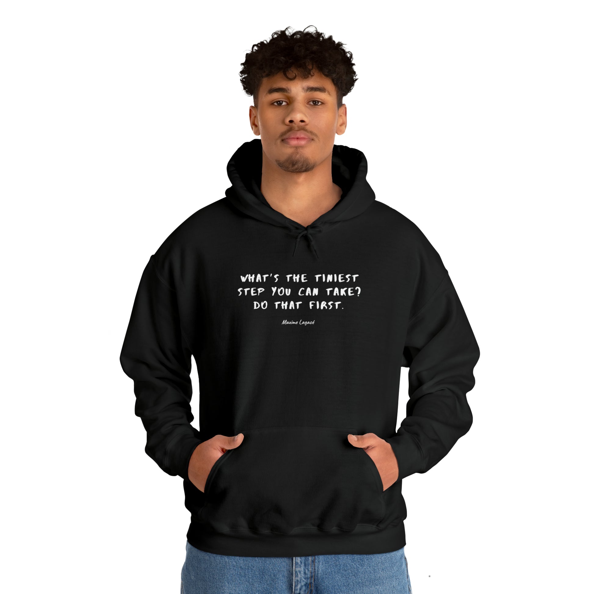 Man2-Wearing-Protagonist-HoodieWithQuote-Black-FrontView-TakeTheTiniestStep