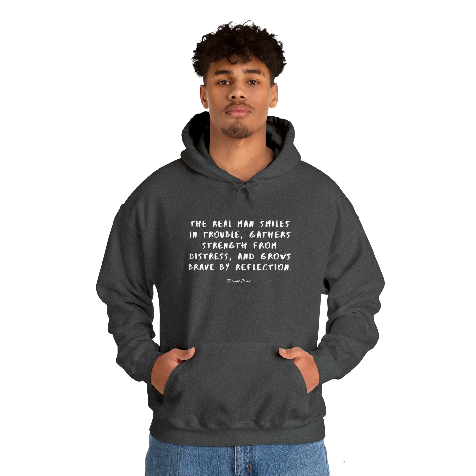 Man2-Wearing-Protagonist-HoodieWithQuote-DarkHeatherGrey-FrontView-StrengthFromDistress