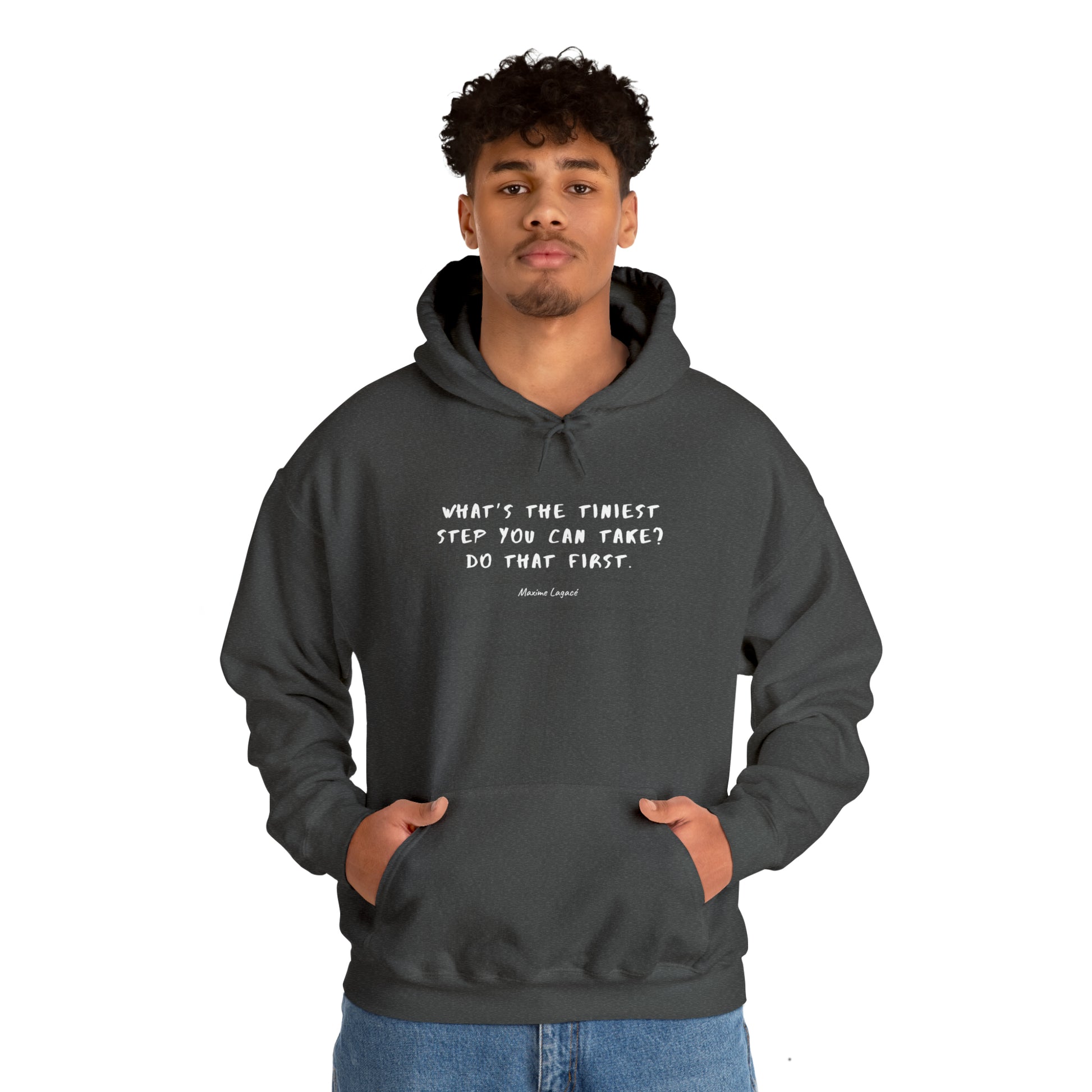 Man2-Wearing-Protagonist-HoodieWithQuote-DarkHeatherGrey-FrontView-TakeTheTiniestStep