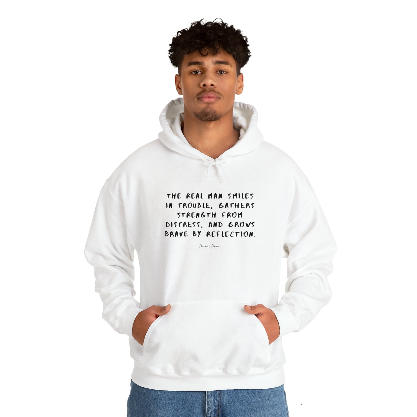 Man2-Wearing-Protagonist-HoodieWithQuote-White-FrontView-StrengthFromDistress