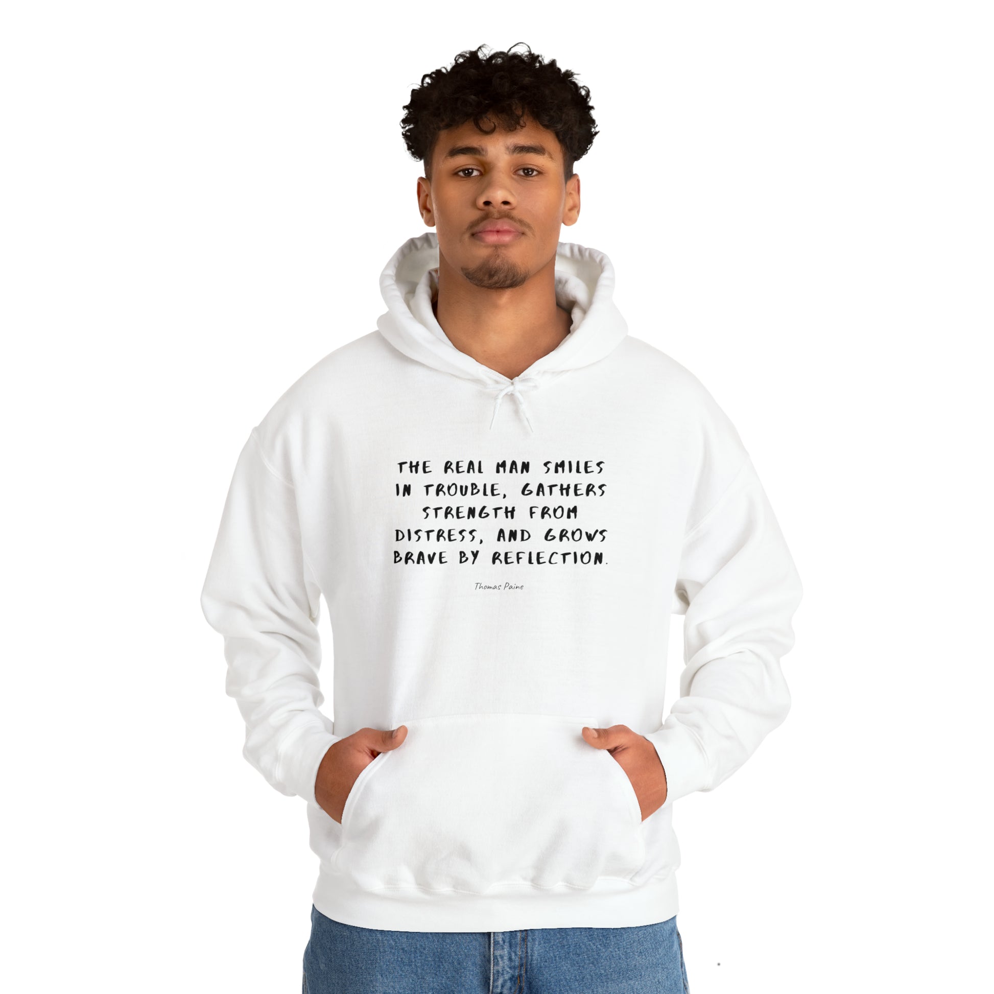 Man2-Wearing-Protagonist-HoodieWithQuote-White-FrontView-StrengthFromDistress