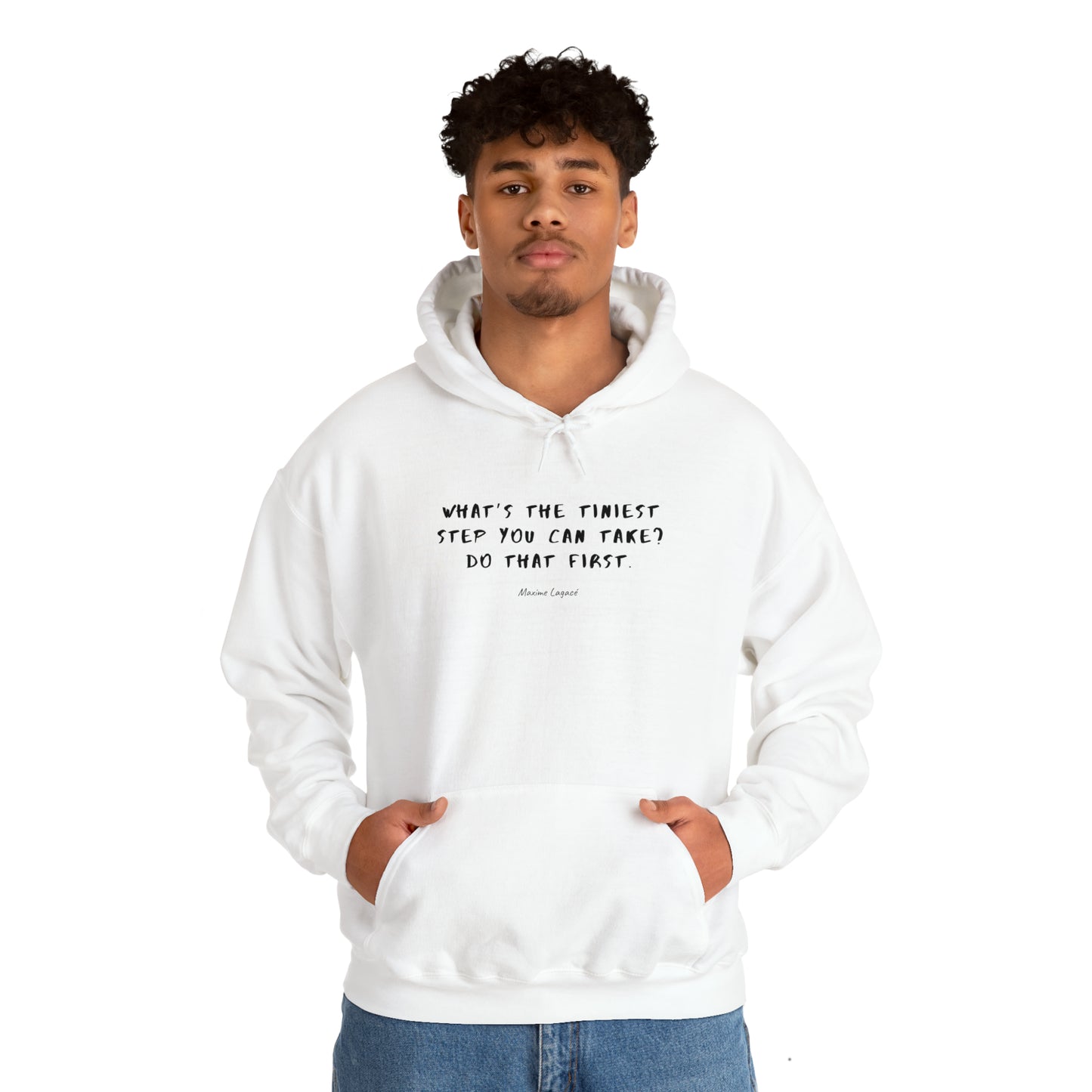 Man2-Wearing-Protagonist-HoodieWithQuote-White-FrontView-TakeTheTiniestStep