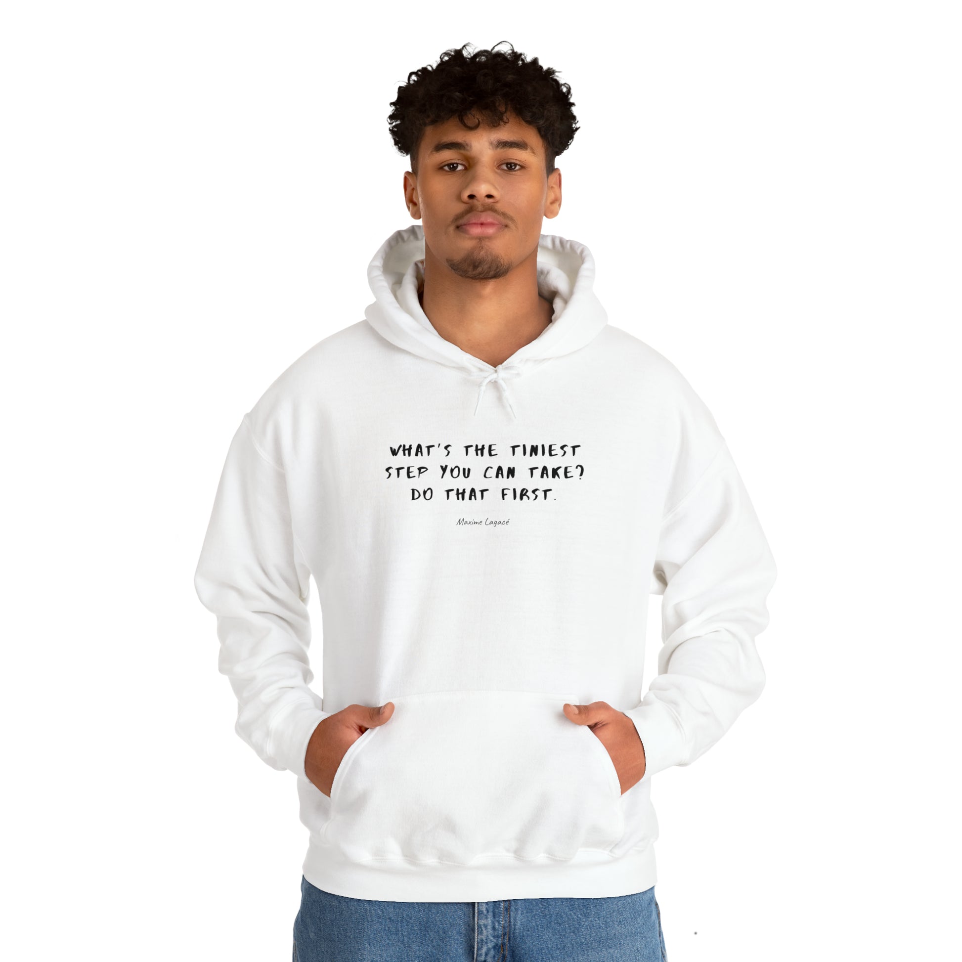 Man2-Wearing-Protagonist-HoodieWithQuote-White-FrontView-TakeTheTiniestStep