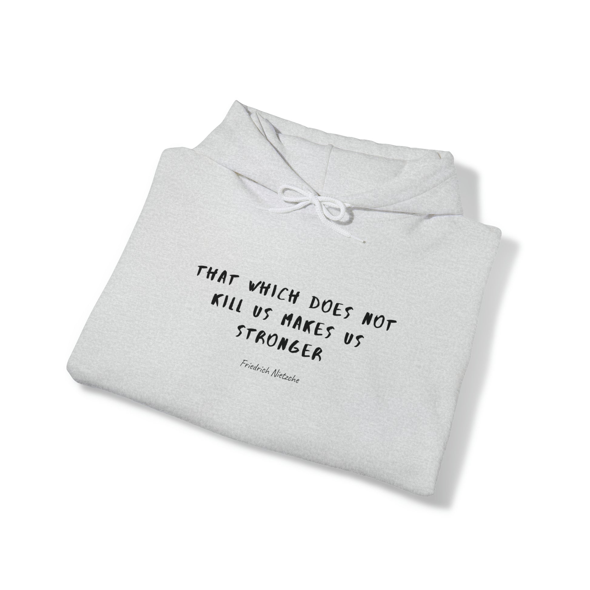 Protagonist-FoldedHoodieWithQuote-AshGrey-FrontView-MakesUsStronger