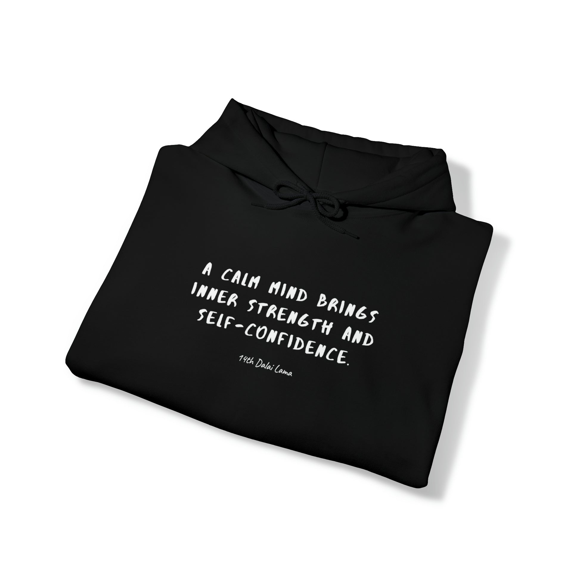 Protagonist-FoldedHoodieWithQuote-Black-FrontView-CalmMindBringsStrength