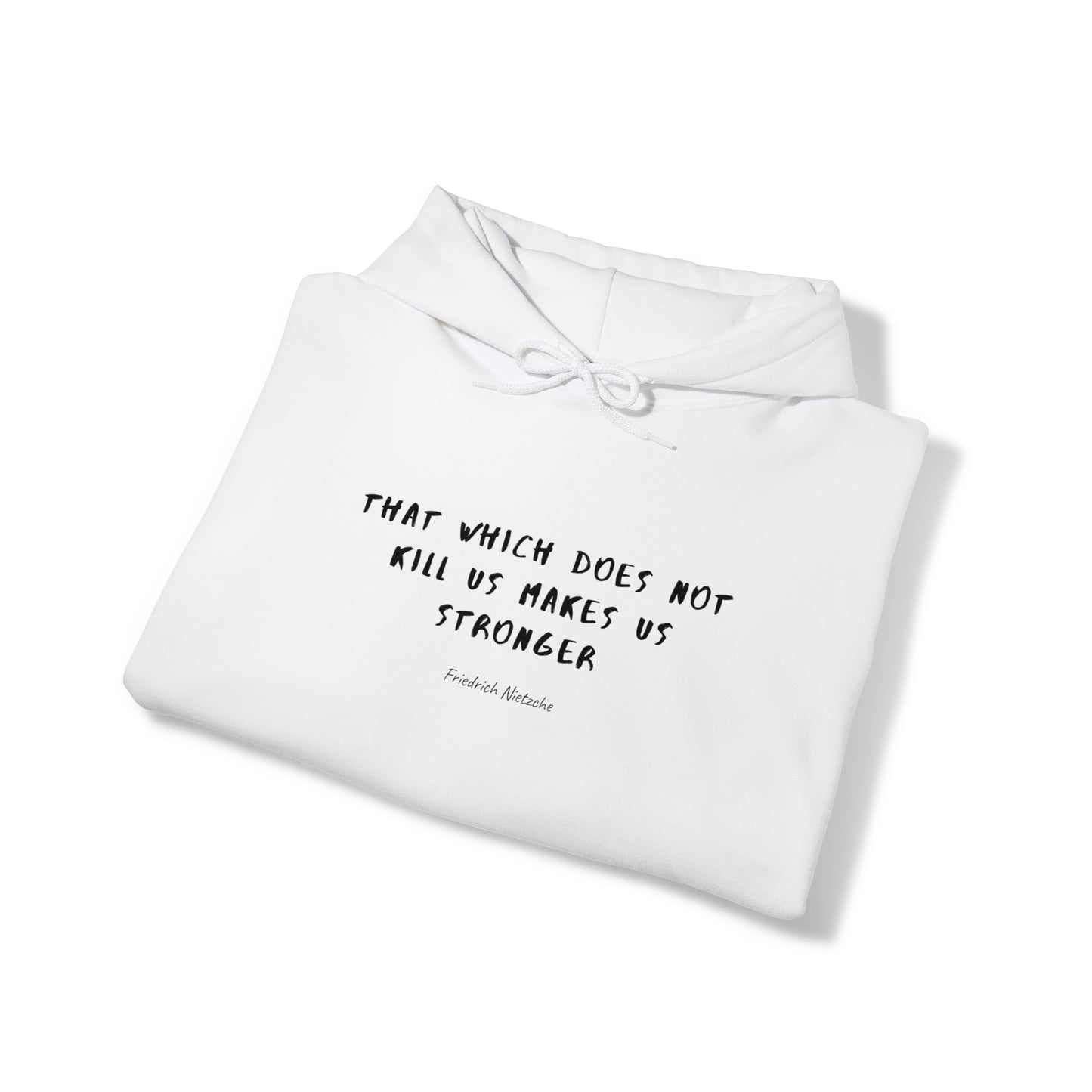 Protagonist-FoldedHoodieWithQuote-White-FrontView-MakesUsStronger