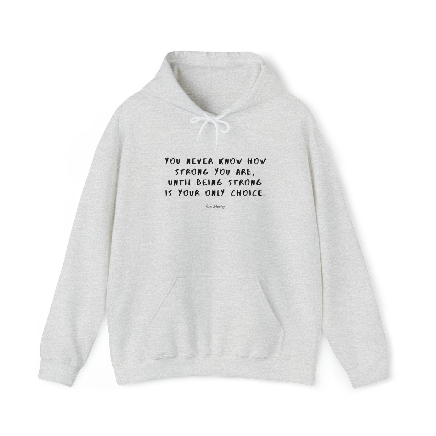 Protagonist-HoodieWithQuote-AshGrey-FrontView-BeingStrongIsYourOnly