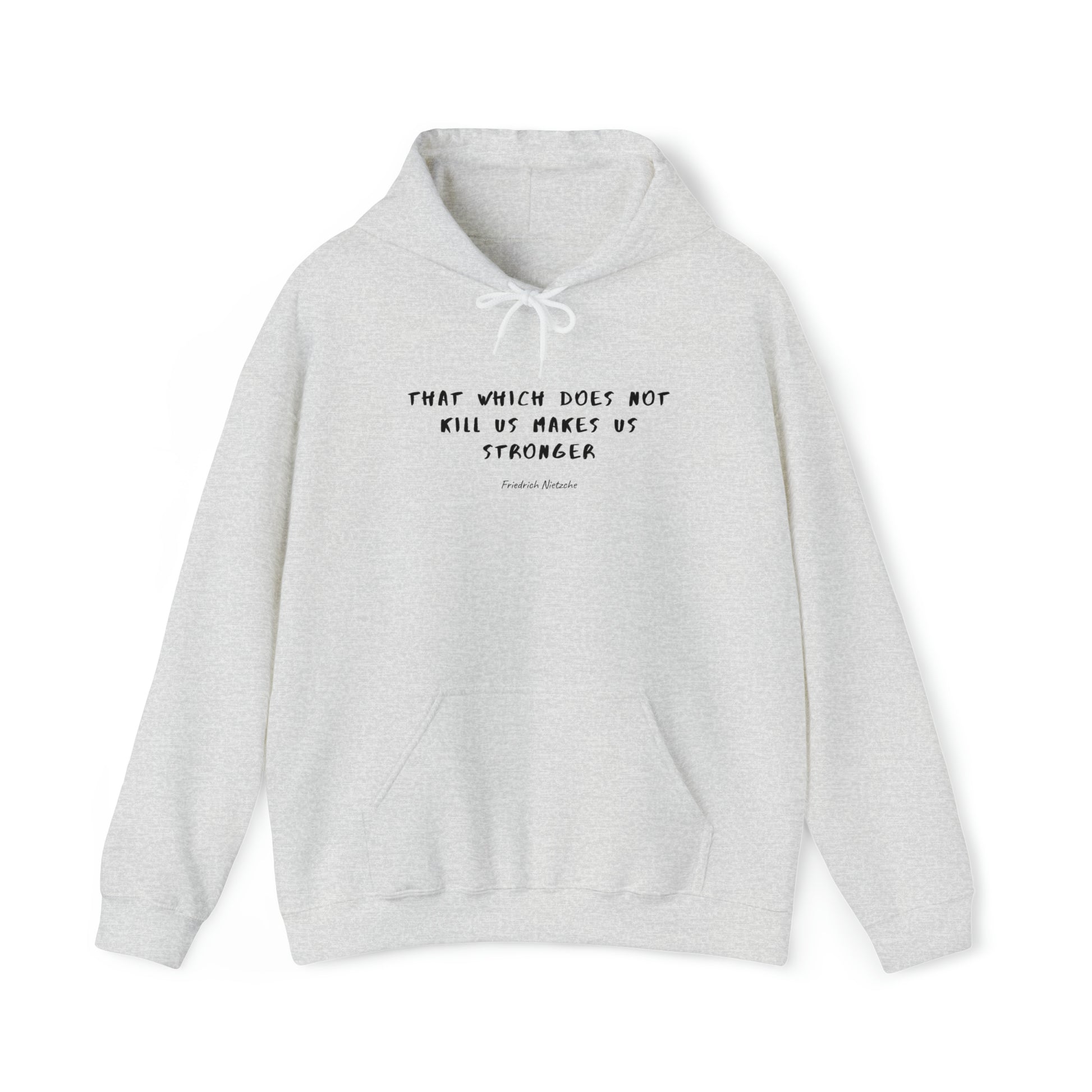 Protagonist-HoodieWithQuote-AshGrey-FrontView-MakesUsStronger