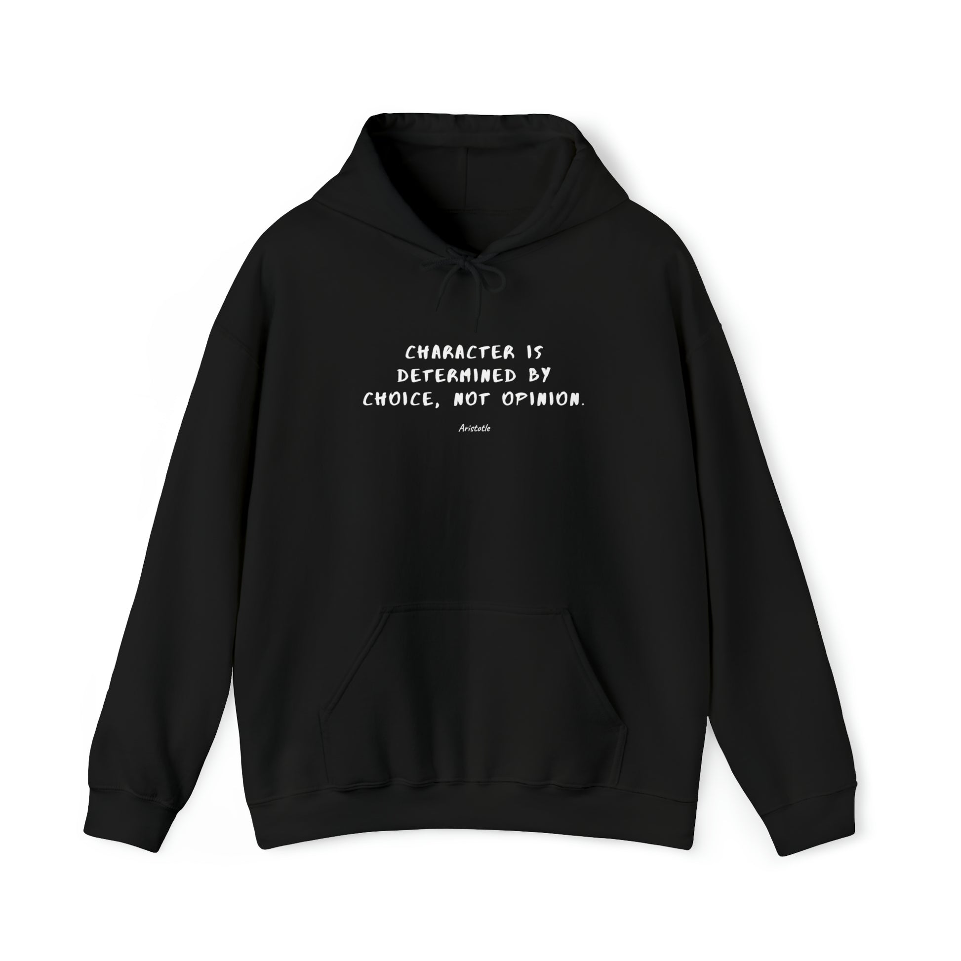 Protagonist-HoodieWithQuote-Black-FrontView-CharacterIsDetermined