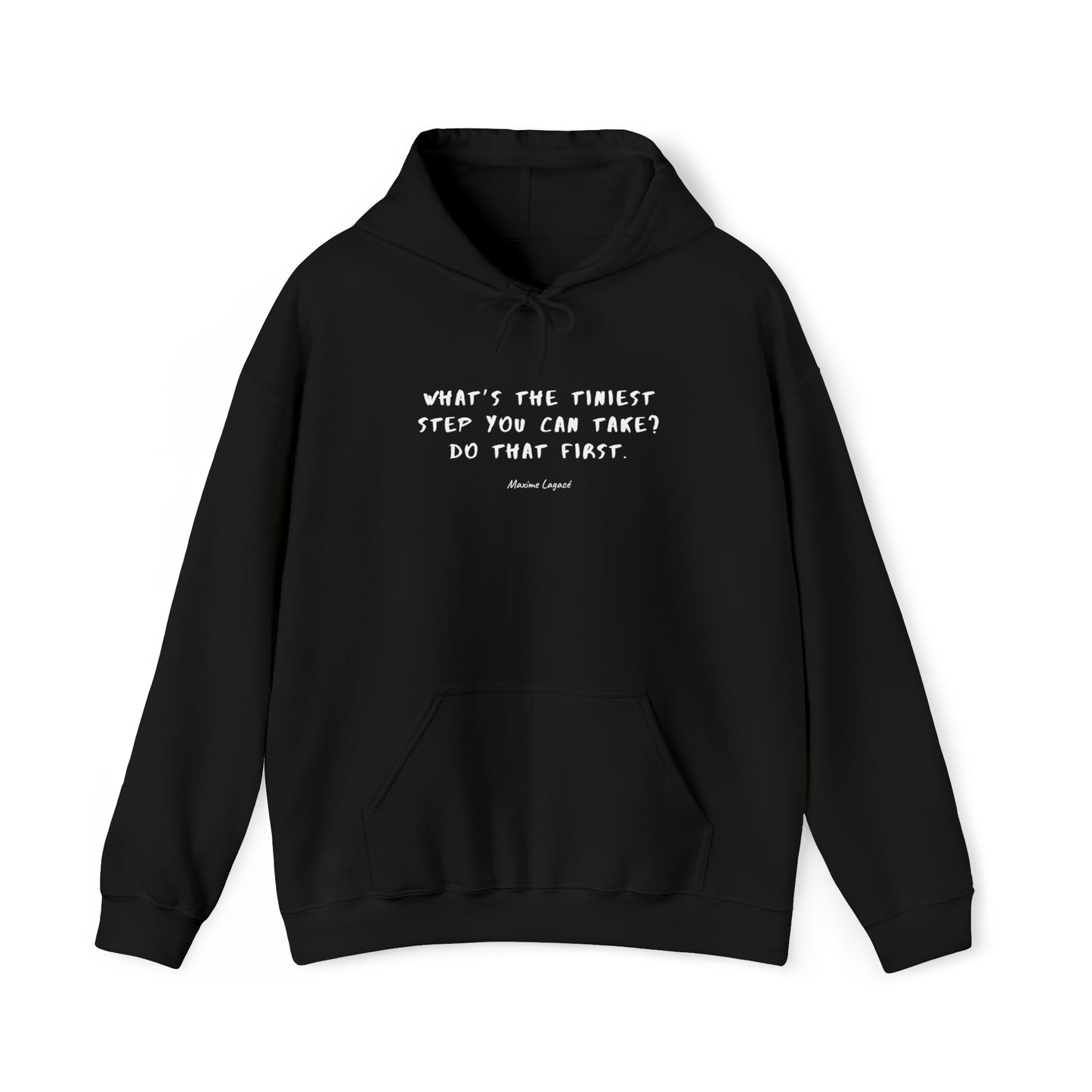 Protagonist-HoodieWithQuote-Black-FrontView-TakeTheTiniestStep