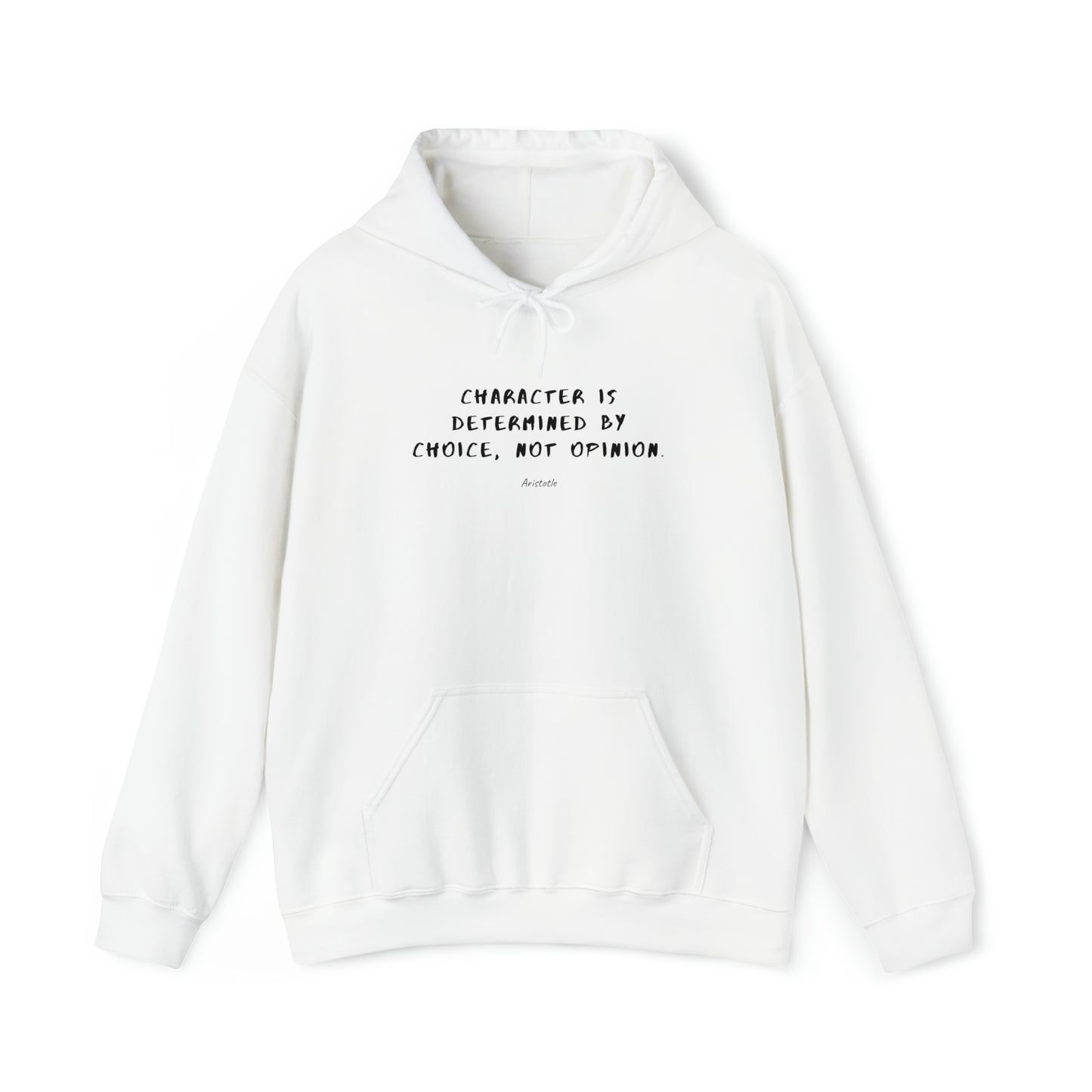 Protagonist-HoodieWithQuote-White-FrontView-CharacterIsDetermined