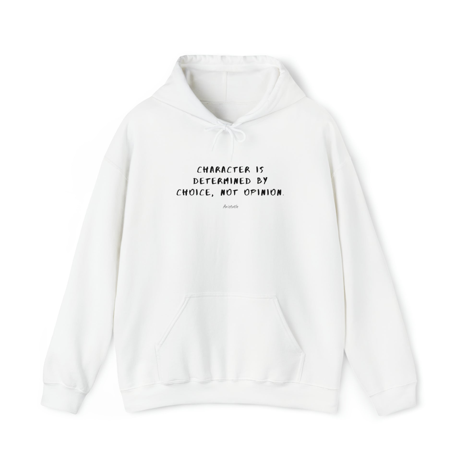 Protagonist-HoodieWithQuote-White-FrontView-CharacterIsDetermined