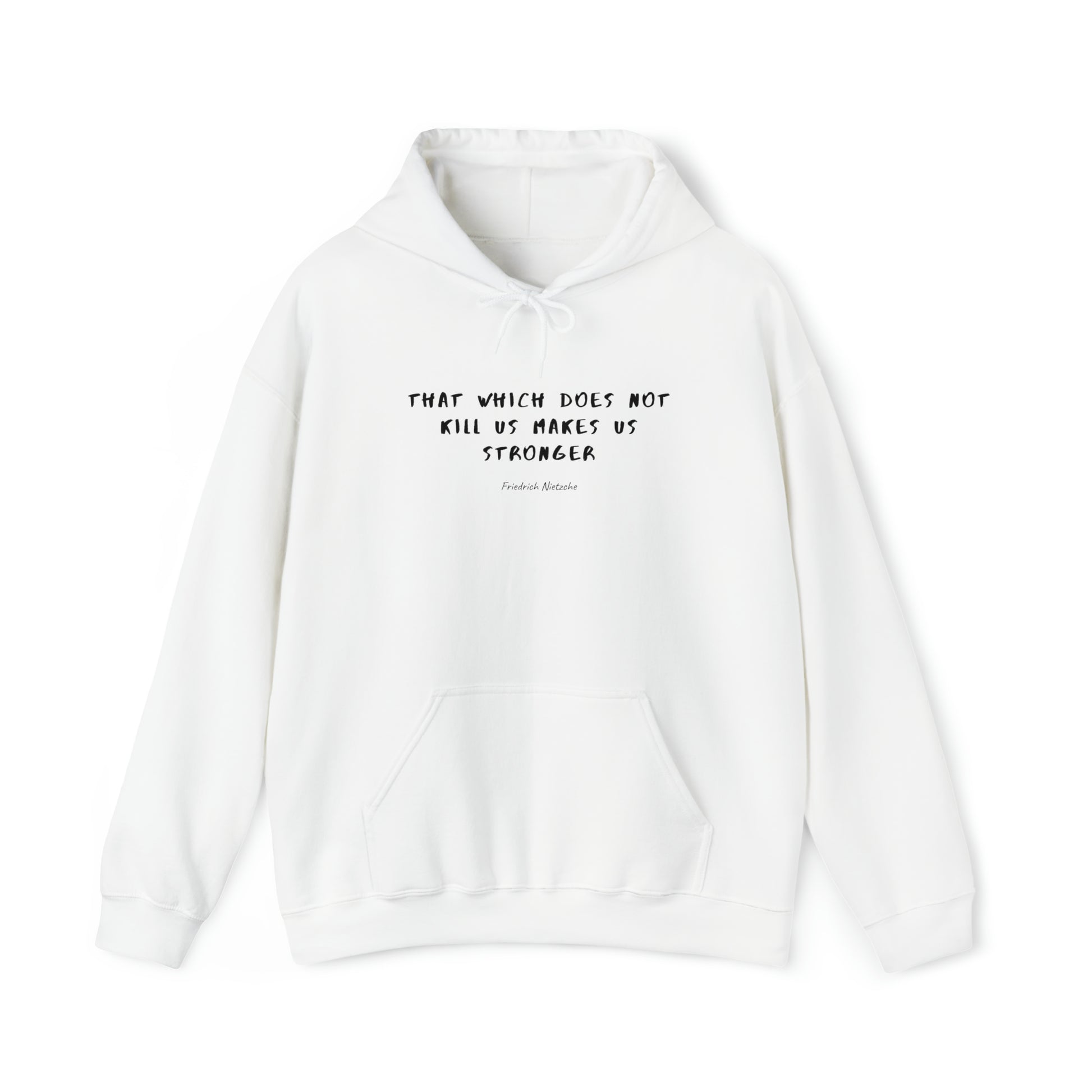 Protagonist-HoodieWithQuote-White-FrontView-MakesUsStronger