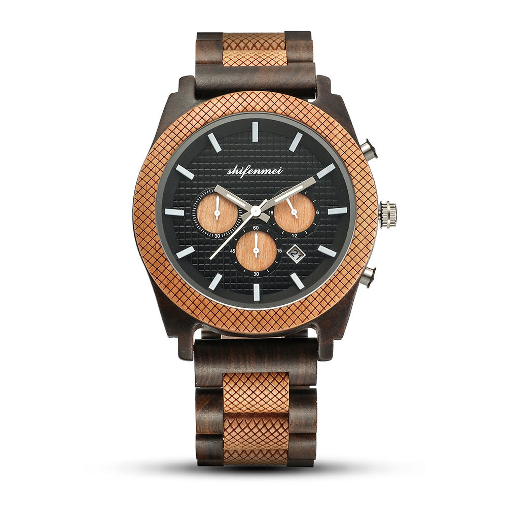 SHIFEMMEI - Men's Wood Chronograph Calendar Sports Watch