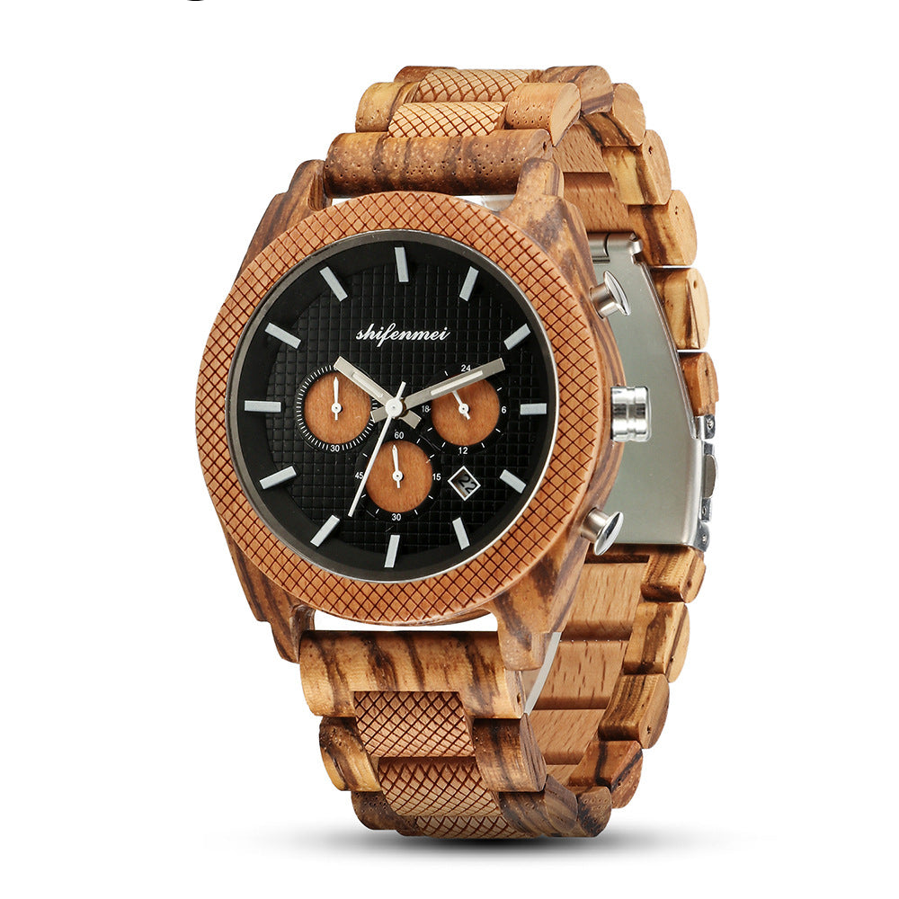 SHIFEMMEI - Men's Wood Chronograph Calendar Sports Watch